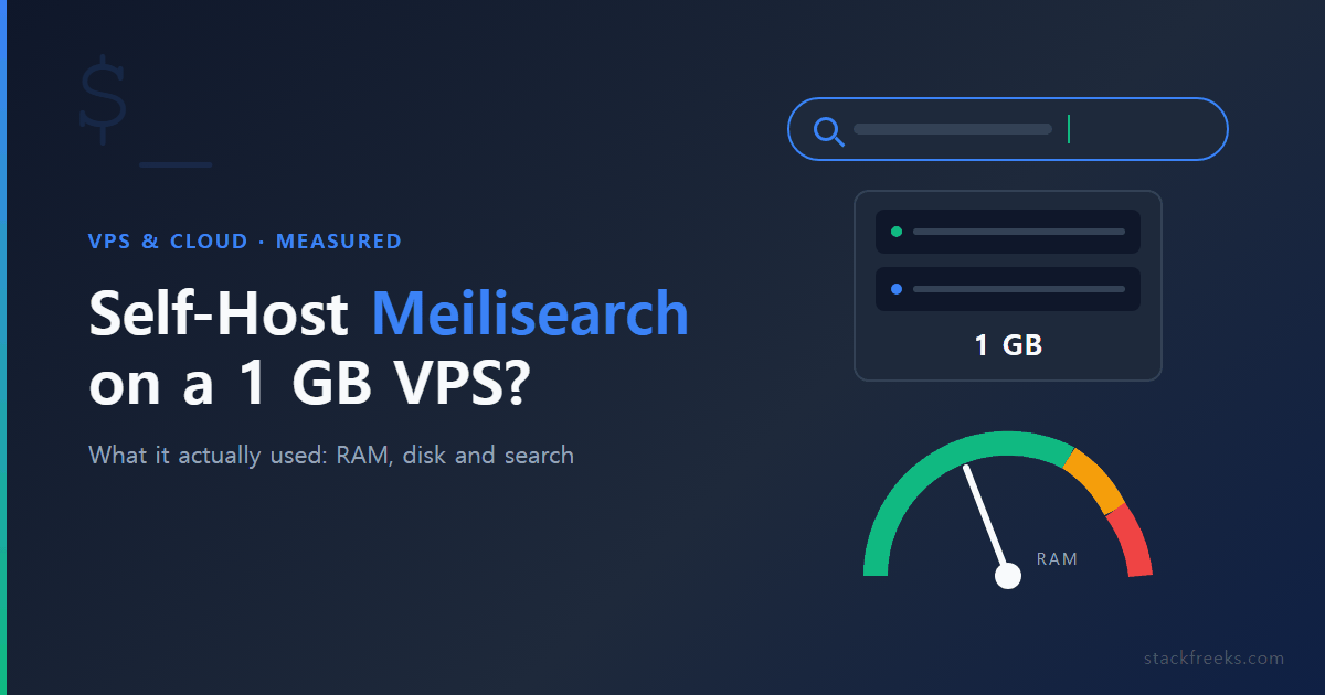 Self-host Meilisearch on a 1 GB VPS: small server, search bar and a RAM gauge below the red zone