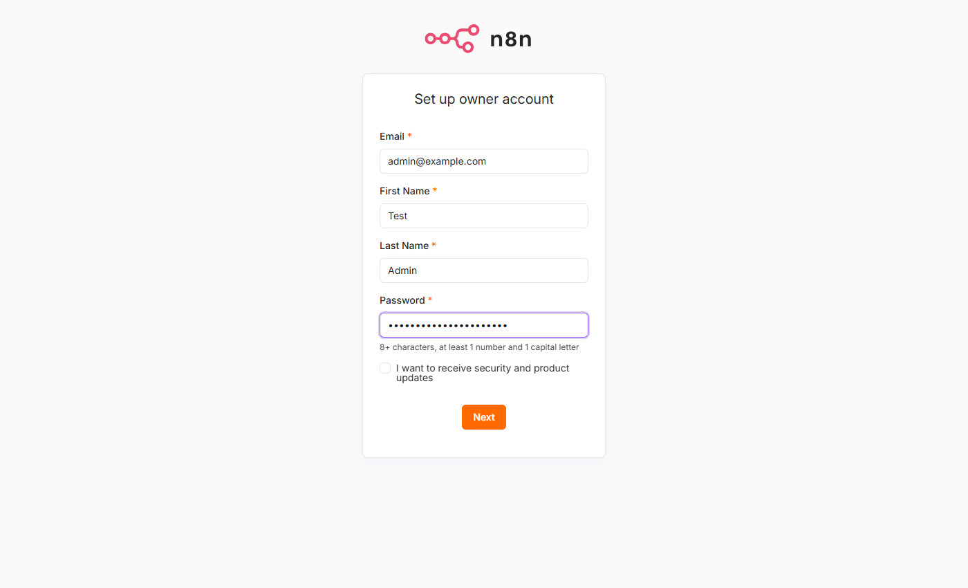 n8n 2.40.7 Set up owner account form with email, first name, last name and password fields